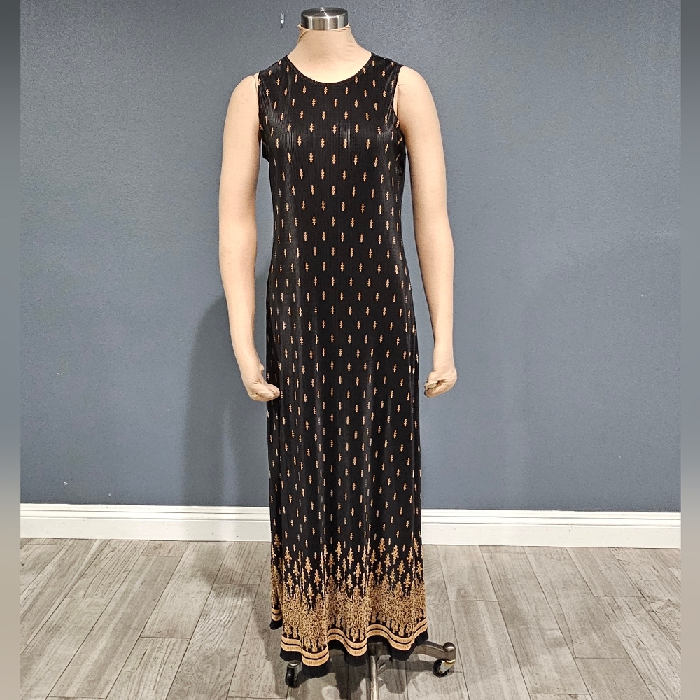 Vintage JBS LTD Black Gold Stretch Poly Stretch Ribbed Tunic Maxi Dress 10